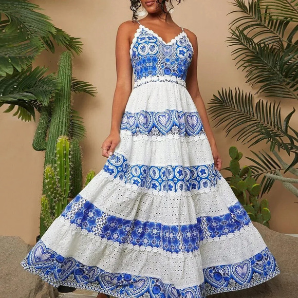 Blue and White Boho Women's Holiday Printed Fabric Splice Embroidered Dress - Picture 1 of 6